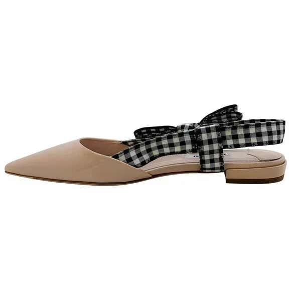 Miu Miu Nude Patent Leather Flats with Black / White Gingham Slingback